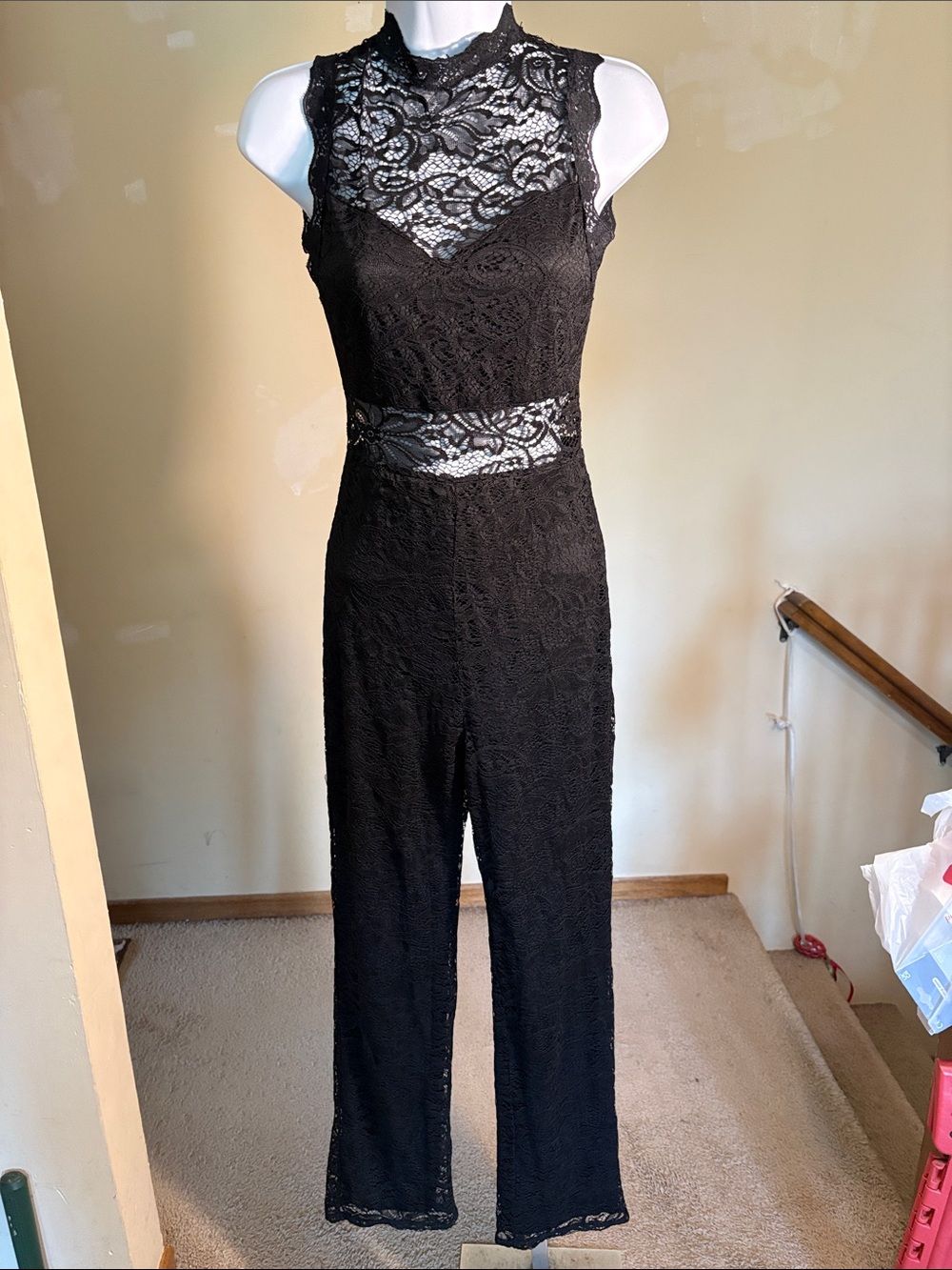 Charlotte Russe Black Lace Sleeveless Jumpsuit with Sheer Waistband